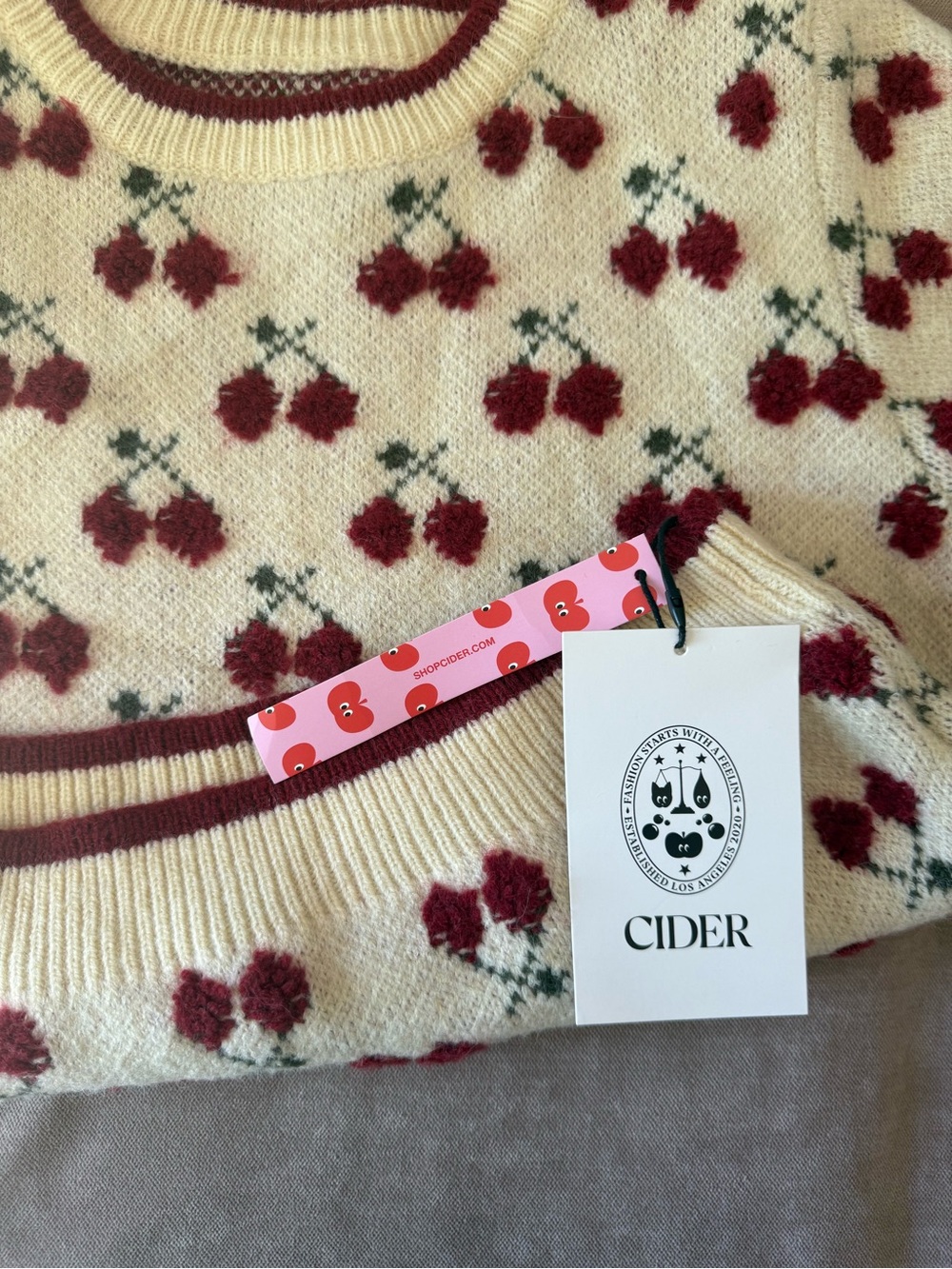 Cider Cherry Print Fuzzy Knit Sweater Cottagecore Coquette S NWT - Picture 4 of 6